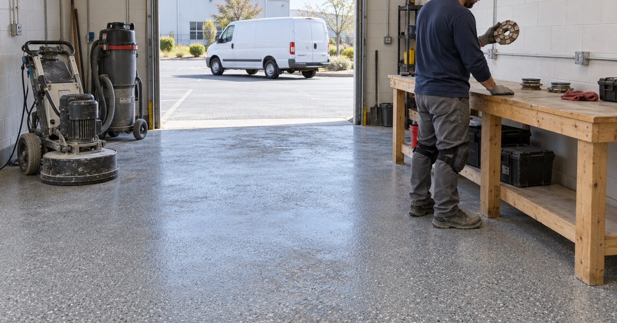 A crew member checking a diamond grinding plate on the bench of a coating shop in a Plainfield flex building.