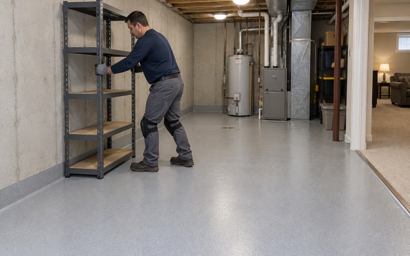 A steel shelving unit slid back against the wall on a new coated basement floor in a Plainfield house.