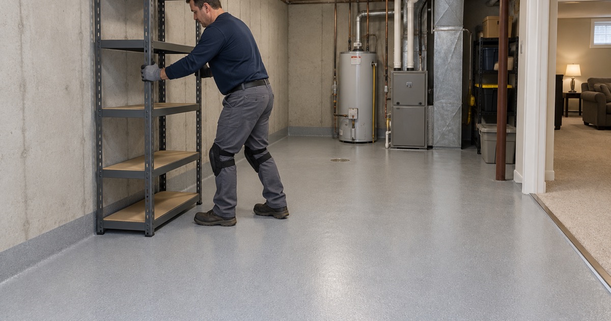 A steel shelving unit slid back against the wall on a new coated basement floor in a Plainfield house.
