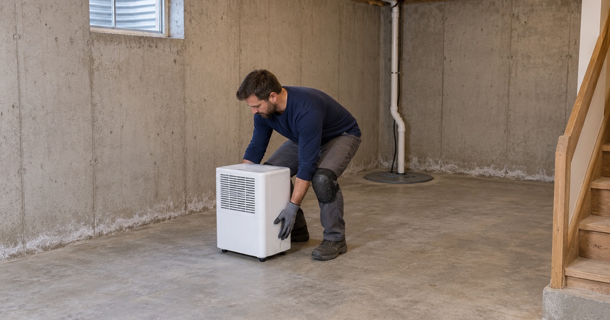 A dehumidifier set down on a bare Plainfield basement slab beside the sump basin, white efflorescence along the wall base.