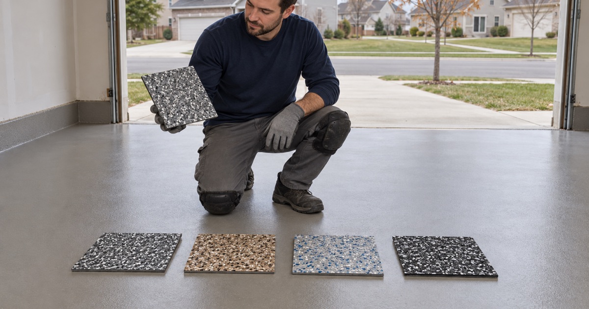 Coated sample boards held beside a cured base coat in a Plainfield garage to choose a flake blend in daylight.