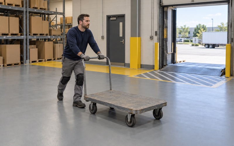 A coated receiving room floor with a marked walkway behind a Plainfield retail store, a flatbed cart rolling across it.