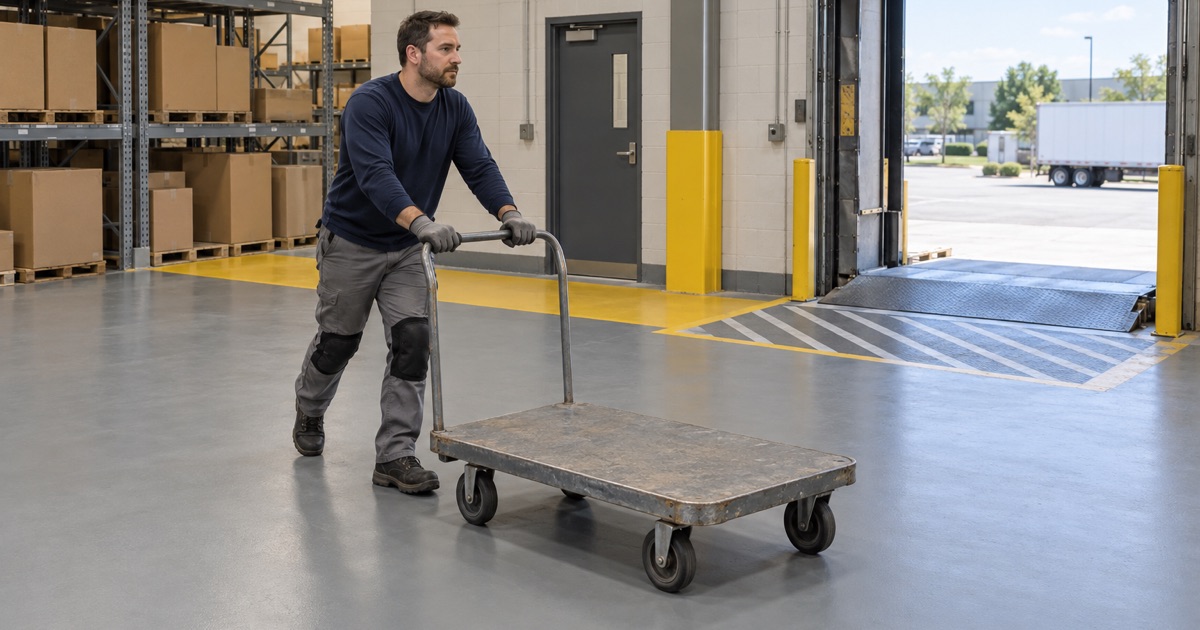 A coated receiving room floor with a marked walkway behind a Plainfield retail store, a flatbed cart rolling across it.