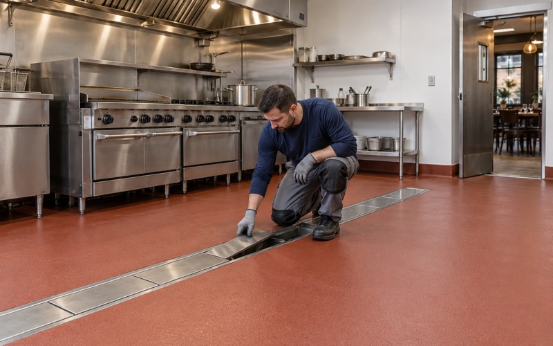 A trench drain grate lifted in a new urethane cement kitchen floor coved up the wall in Plainfield.