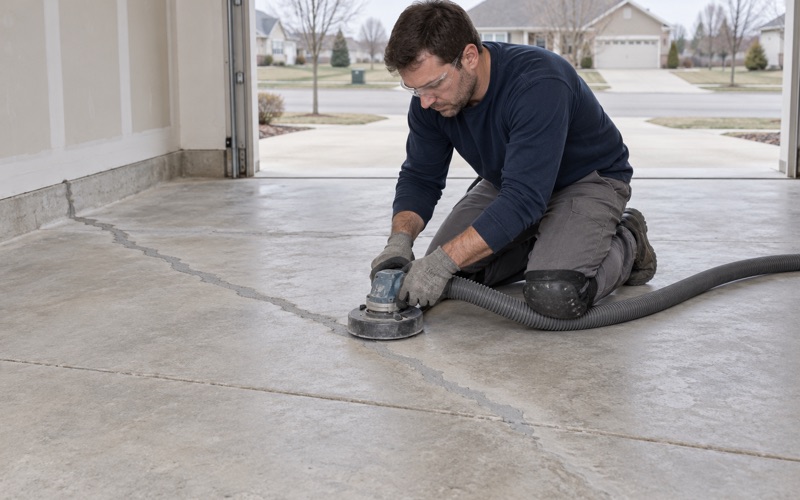 A filled crack ground flush with a hand grinder on a Plainfield garage slab before the floor is coated.