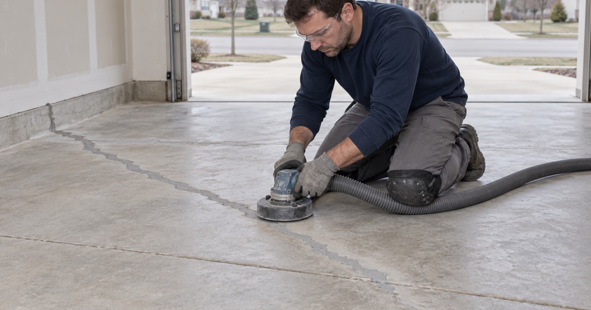 A filled crack ground flush with a hand grinder on a Plainfield garage slab before the floor is coated.