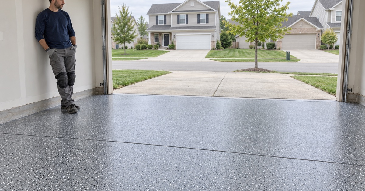 A crew member leaning against the wall of a finished flake garage floor in Plainfield, the overhead door raised.