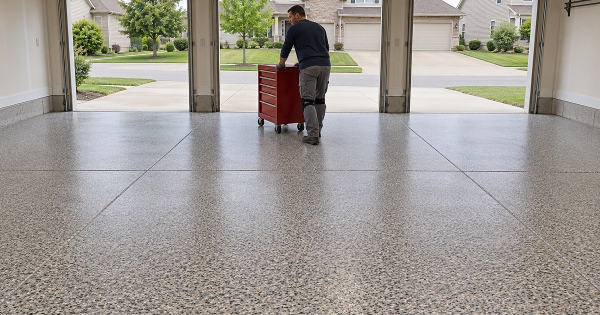 A finished gray, tan and black flake floor in the three-car garage of a Plainfield two-story house, a tool cart being rolled back in.