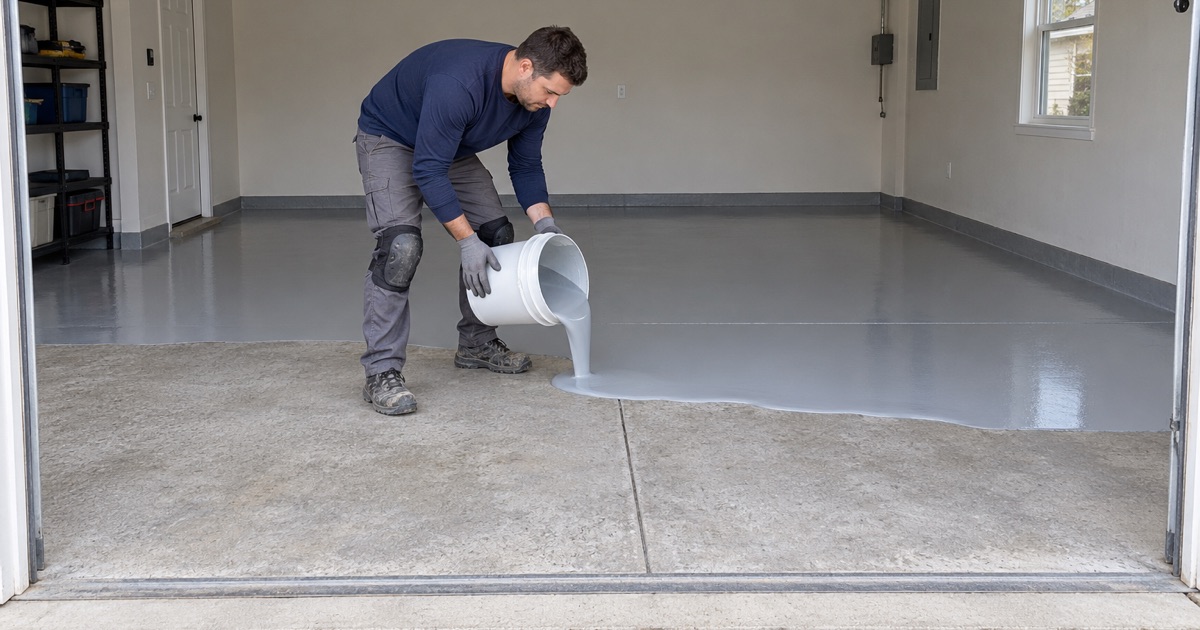 Mixed epoxy being poured in a ribbon onto a ground garage slab at a Plainfield house, ready to be spread.