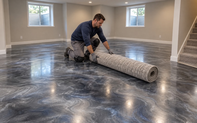 A rolled rug set down on a cured metallic epoxy floor in a Plainfield lower-level family room.