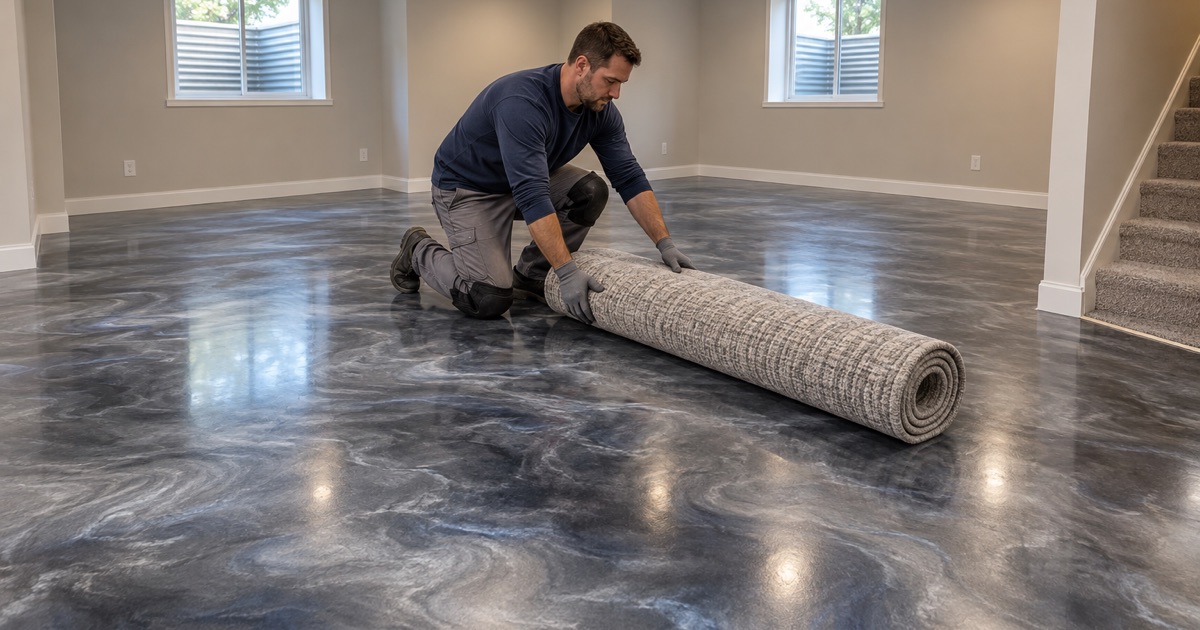 A rolled rug set down on a cured metallic epoxy floor in a Plainfield lower-level family room.