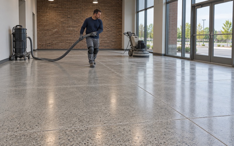 A polished concrete floor in a new Plainfield commercial lobby, the dust extractor hose being pulled clear of the finished area.