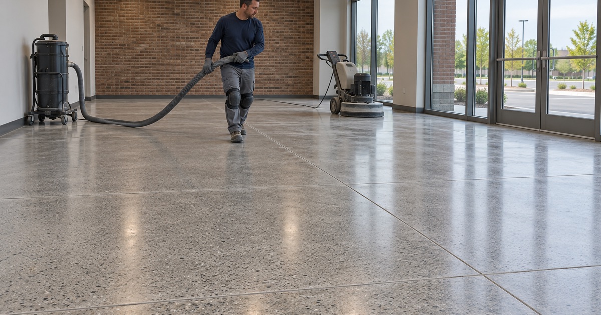 A polished concrete floor in a new Plainfield commercial lobby, the dust extractor hose being pulled clear of the finished area.