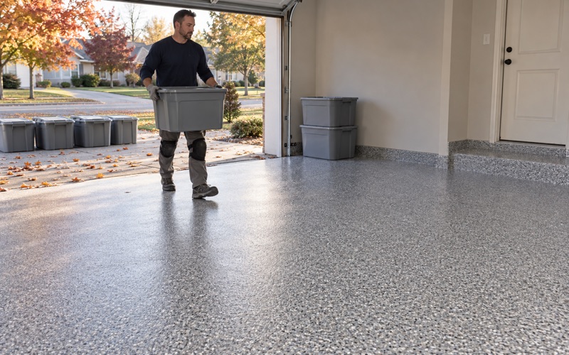 Storage totes carried back into a Plainfield garage the same day its polyaspartic floor was coated.