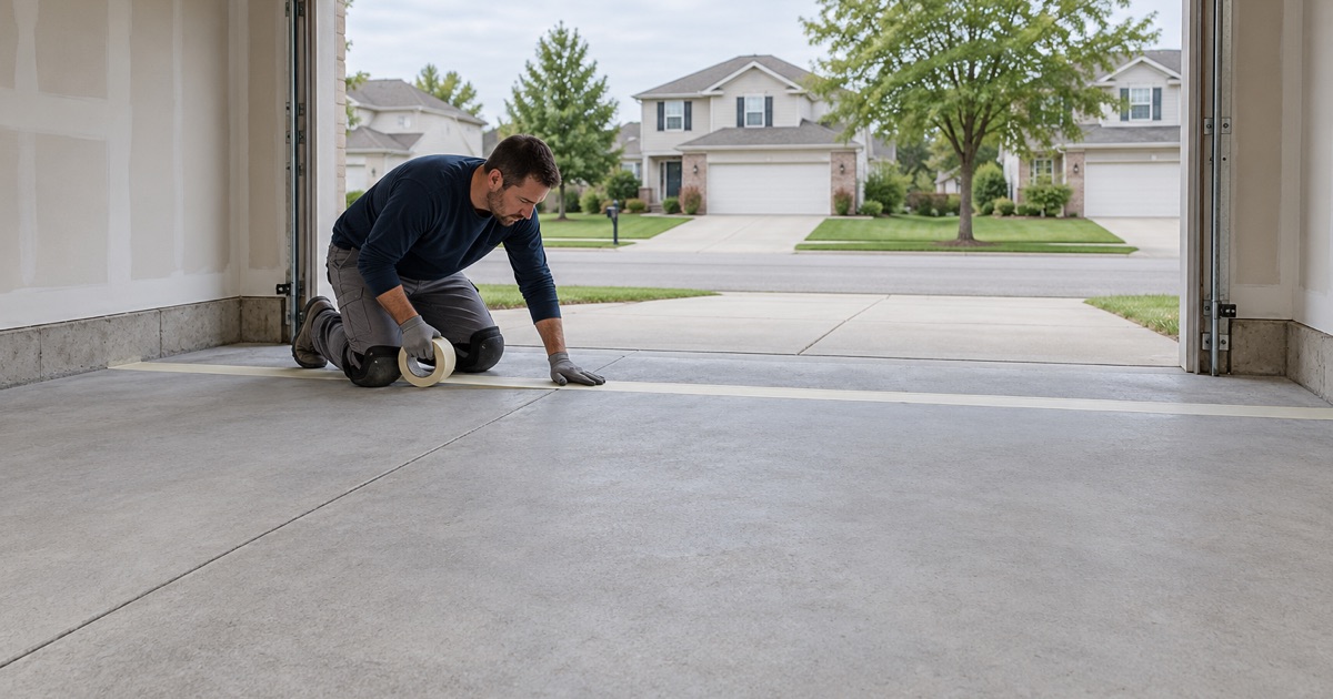 A crew member taping a straight stop line across the threshold of a Plainfield garage before the coating goes down.