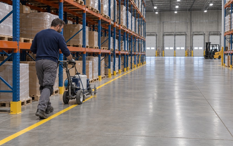 A line striper laying a yellow aisle line on a coated floor in a Plainfield distribution warehouse with racking behind.