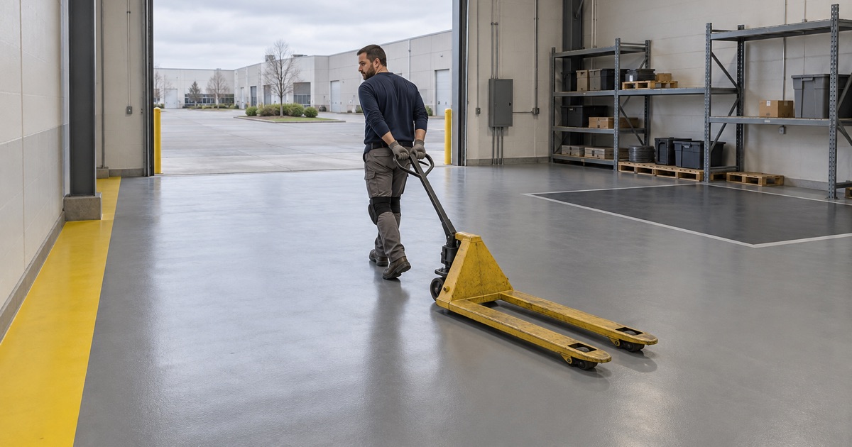 An empty pallet jack pulled across a new coated floor in a Plainfield light-industrial flex bay with a marked walkway.